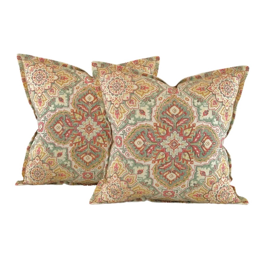 Pair P Kaufmann Waverly Coral Green Yellow Ikat Suzani Medallion Pillow Covers